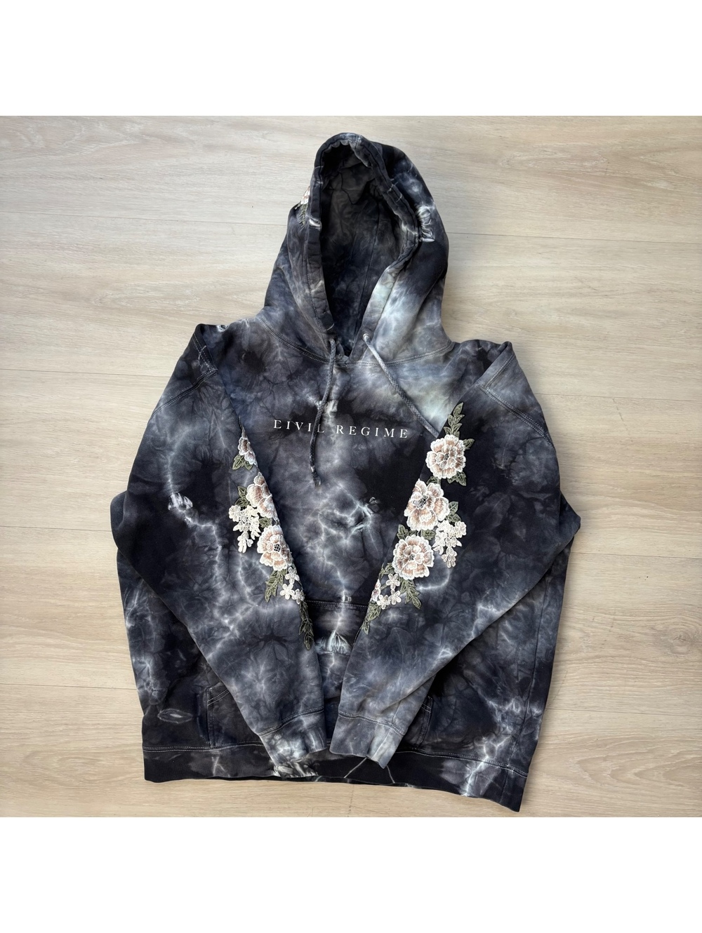 Civil Regime XL Tie Dye Floral Embroidered Hoodie Black Gray Streetwear